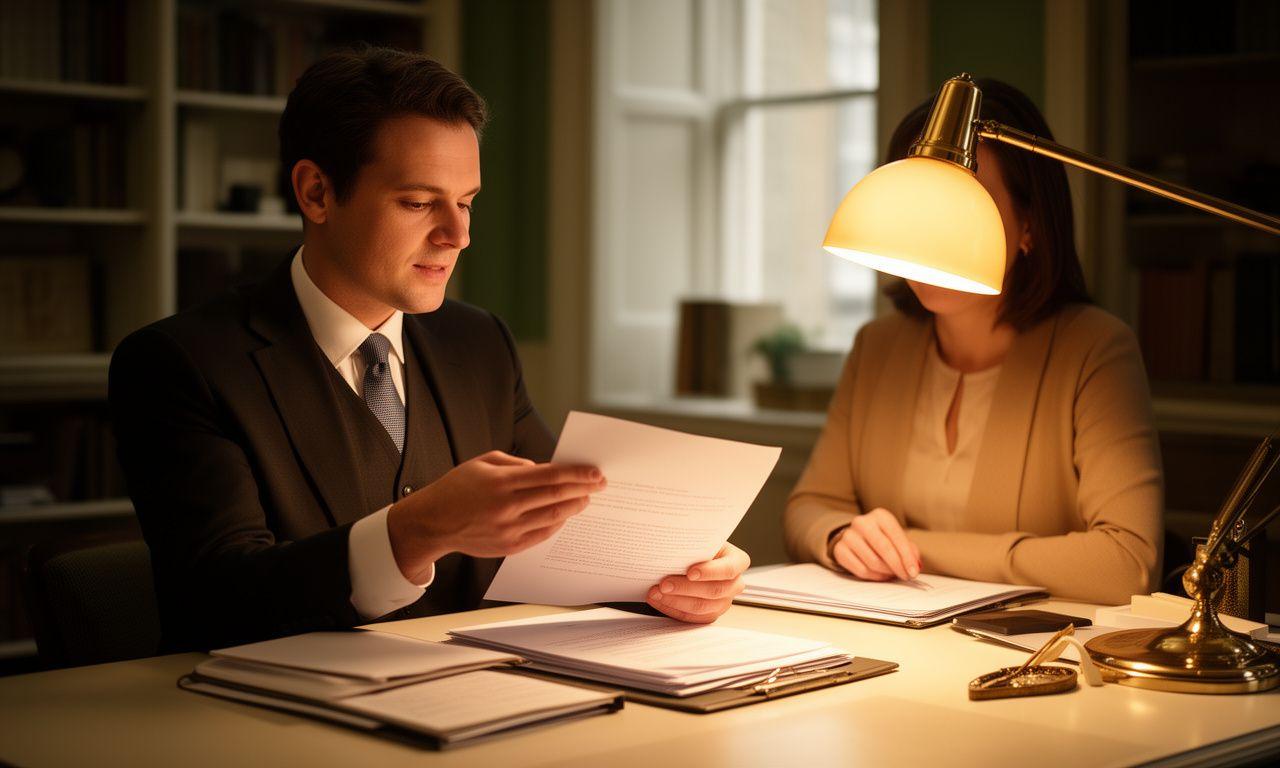 Solicitor and client reviewing a contract in a calm London office beside a desk lamp and neatly arranged papers