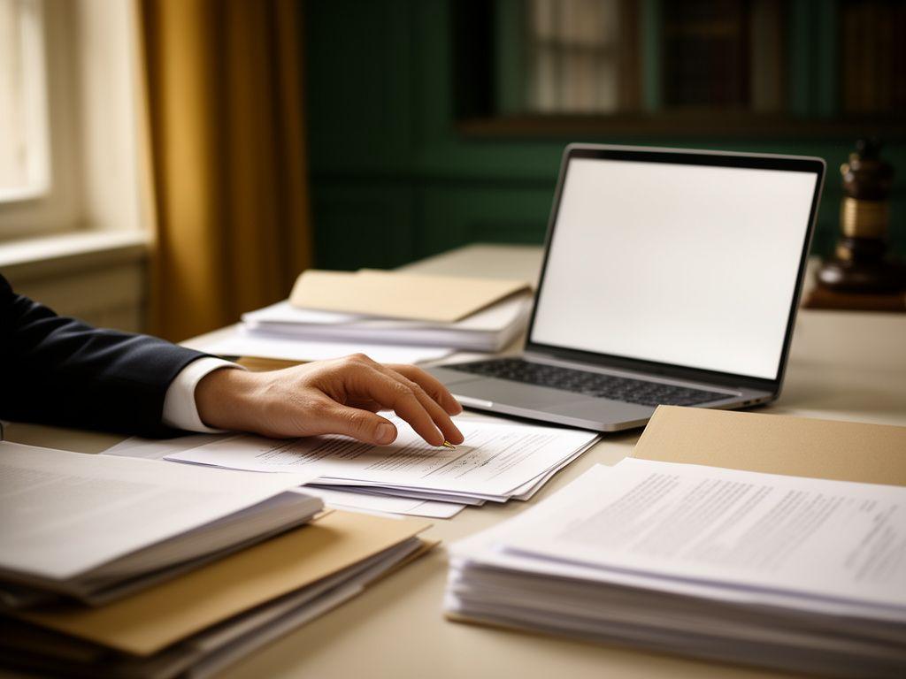 Legal professional reviewing a privacy file in a calm London office with organised paper records and a laptop